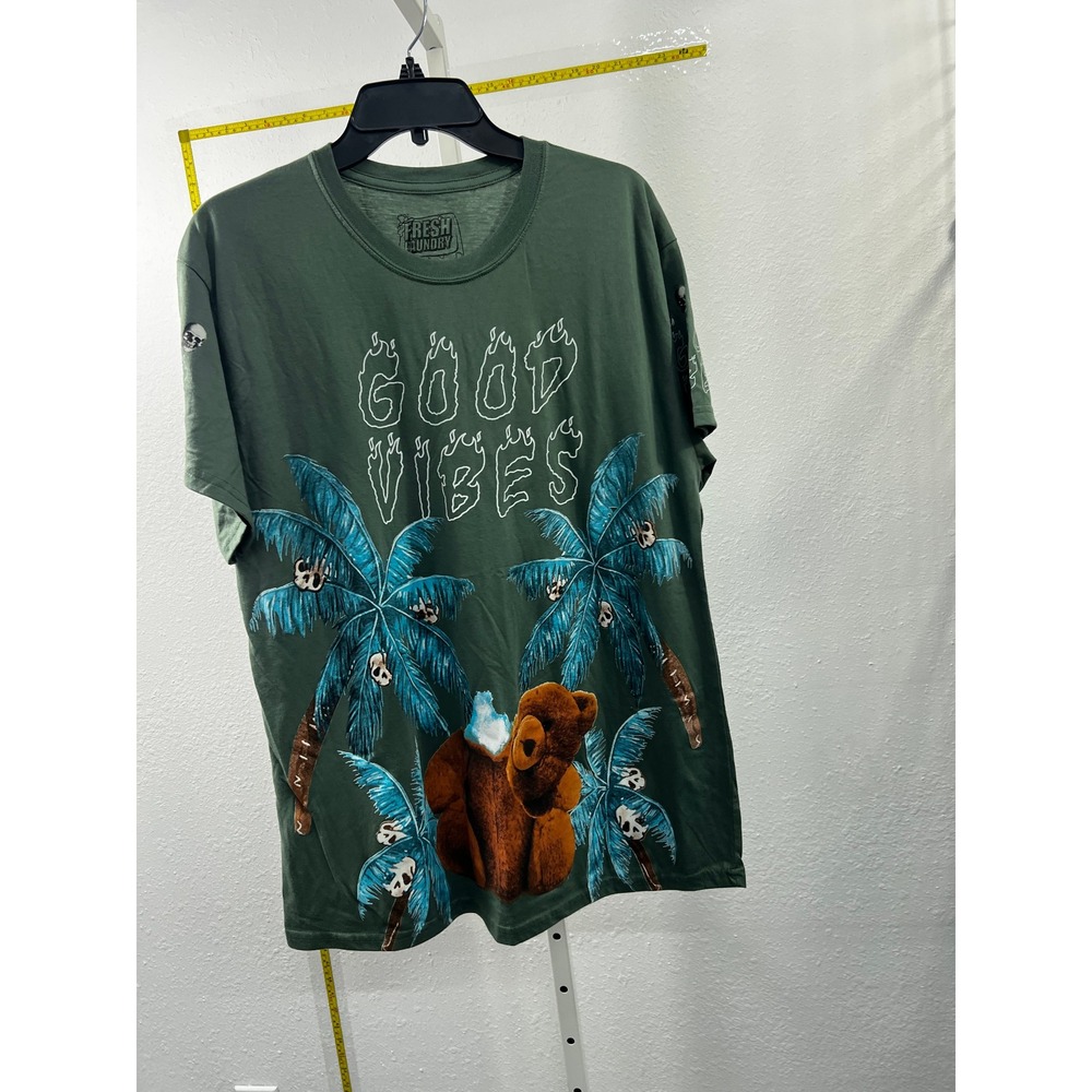 Fresh Laundry Good‎ Vibes Graphic T-Shirt Green Palm Tree Skull Teddy Bear XL